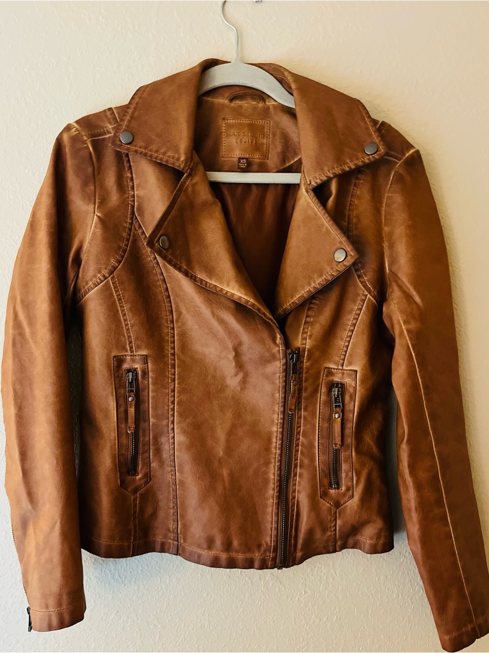 Max Studio Washed Faux Leather Moto Jacket in Cognac Brown Women’s Size XS